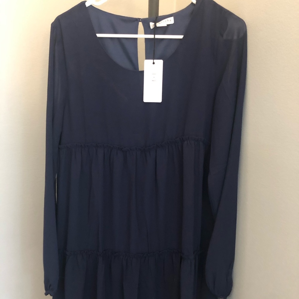 NWT - Navy Blue Bubble Sleeve Ruffle Dress
